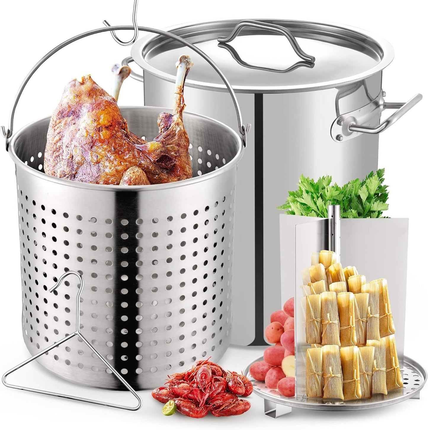 ARC 52QT Stainless Steel Stockpot for Crab Seafood Boiler Crawfish Pot with Basket and Steamer Rack, Outdoor Cooking Pot for Lobster Shrimp Boiling, Turkey Fryer and Tamales Steamer, 13 Gal