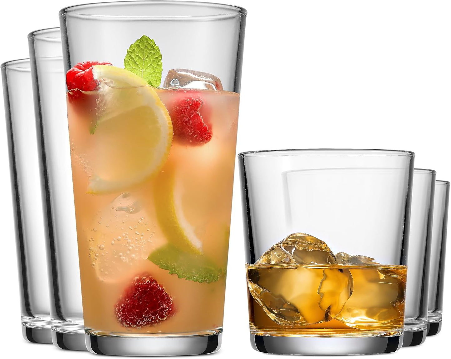 Glaver's Drinking Glasses Set of 8 Mixed Glassware Set, 4 Highballs 17 Oz., 4 Whiskey Glasses 13 Oz., Great For Cocktail Whisky and other Beverages. Dishwasher Safe.