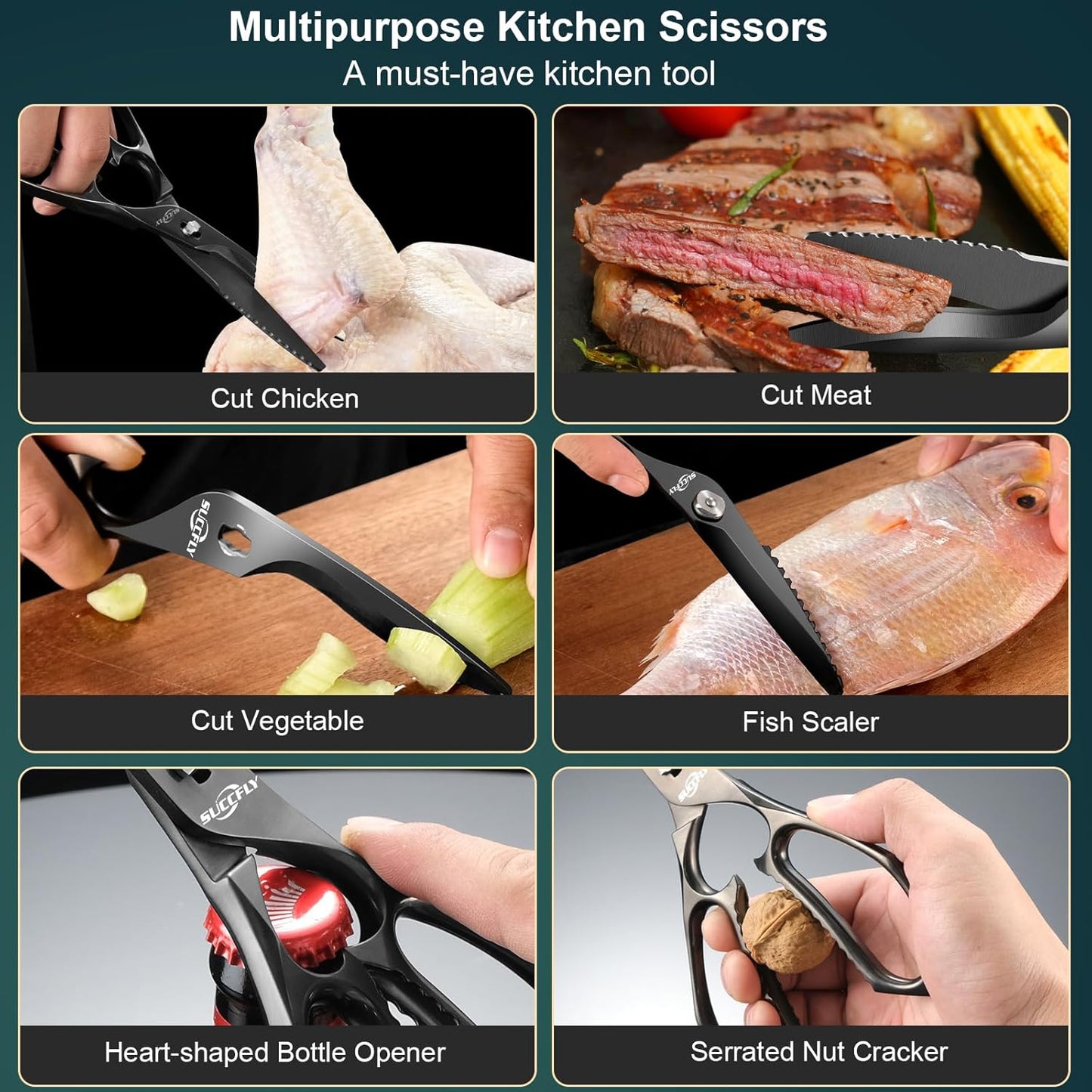 Kitchen Scissors for Food，Premium Kitchen Shears Heavy Duty，8.8″Ultra Sharp Meat Scissors Detachable Blade，All Steel Poultry Shears Black Titanium Plated，Anti-Slip Cooking Scissor All Purpose