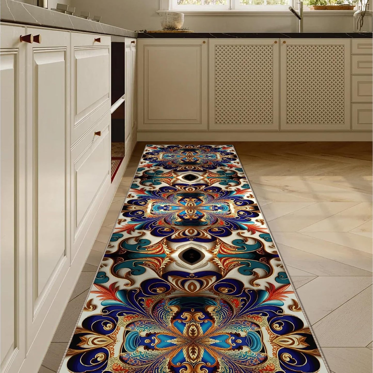 Washable Corridor Runner Rug, Non-Slip Vintage Hallway Rug Runner with Upgrade Rubber Backing, Stain Resistant Faux Wool Distressed Carpet for Bedroom Kitchen Laundry Corridor Balcony (142" x 35.5")