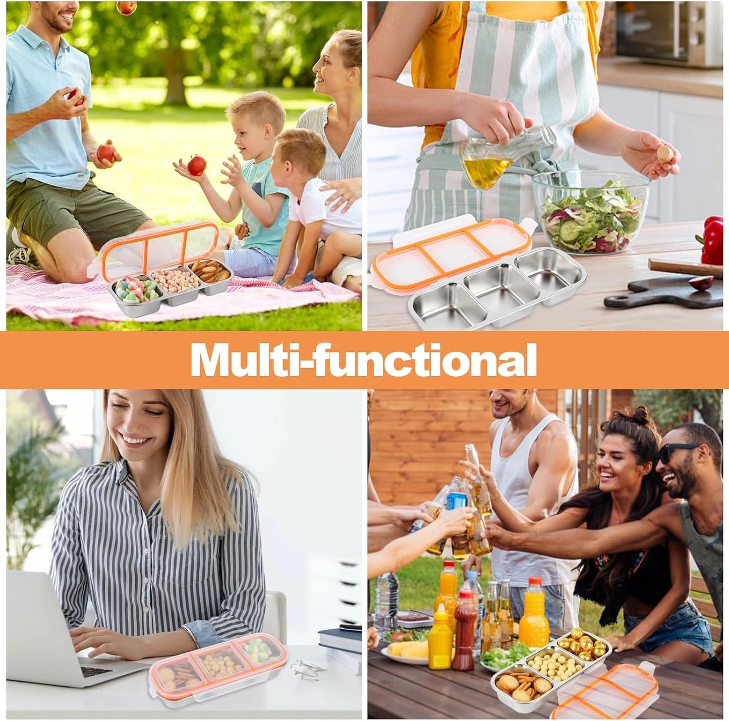 Stainless Steel Snack Containers with Lids, 3 Compartment Leakproof Reusable Snack Box for Nuts, Fruits- Divided Grab & Go Container for School, Office, Travel