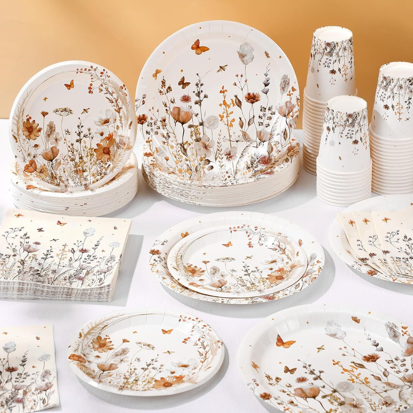 250 Pcs Wildflower Party Decorations Include Boho Autumn Fall Floral Paper Plates Napkins and Cups for Wildflower Baby Shower Tea Decorations, Serve 50 Guest