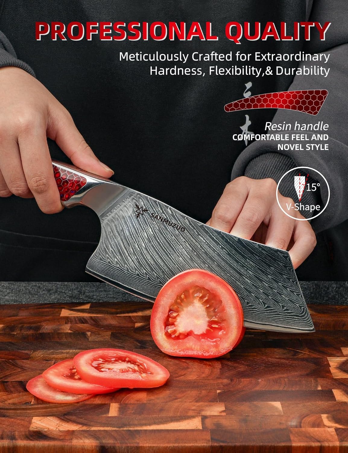 7 inch Nakiri Knife, Japanese VG-10 Damascus Steel Meat Cleaver, Ultra Sharp Vegetable Knife with Full-tang Handle in Red Resin, LA-S9 Series