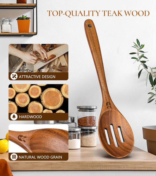 Wooden Slotted Spoons for Cooking, Good Grips Large Wooden Slotted Spoon, Natural Premium Teak Spoons Spatula, Heat Resistant Cooking Utensils for Nonstick Cookware, Serving and Mixing