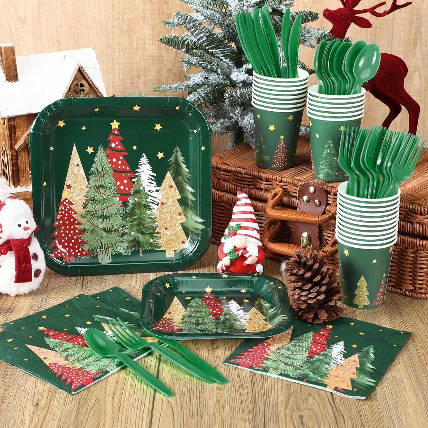 350 Pcs Paper Plates and Napkins Set Disposable Dinnerware Party Supplies Tableware Serve 50 Guest Cups Knife Forks Spoon (Green,Red,Gold,Christmas Tree)