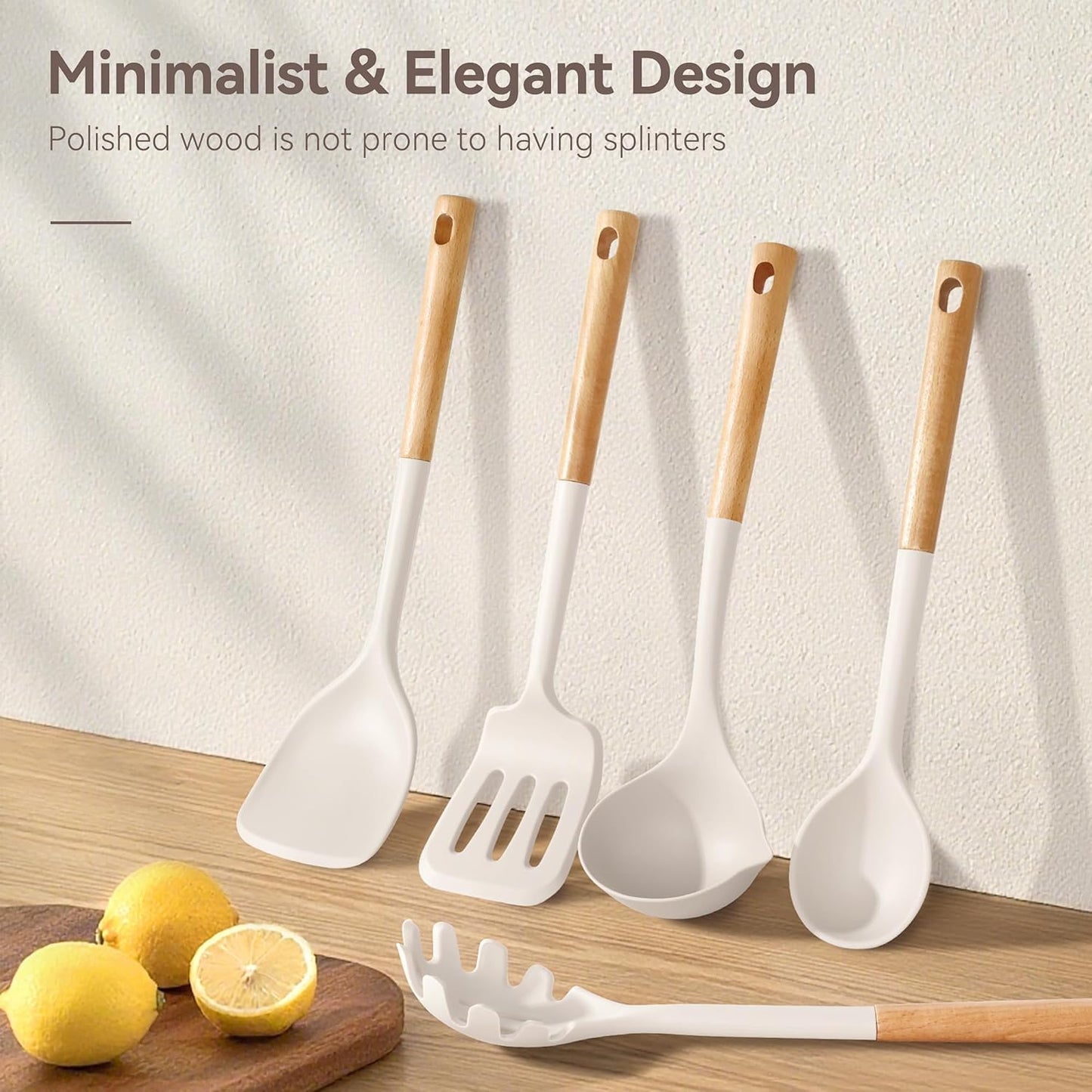 Kitchen Utensils Set, Large Non-stick Silicone cooking utensils set 6 Pcs, Wooden Handle Heat Resistance Silicone Spatula Soup Ladle Pasta Server Kitchen Gadgets Utensils Set BPA Free (White)