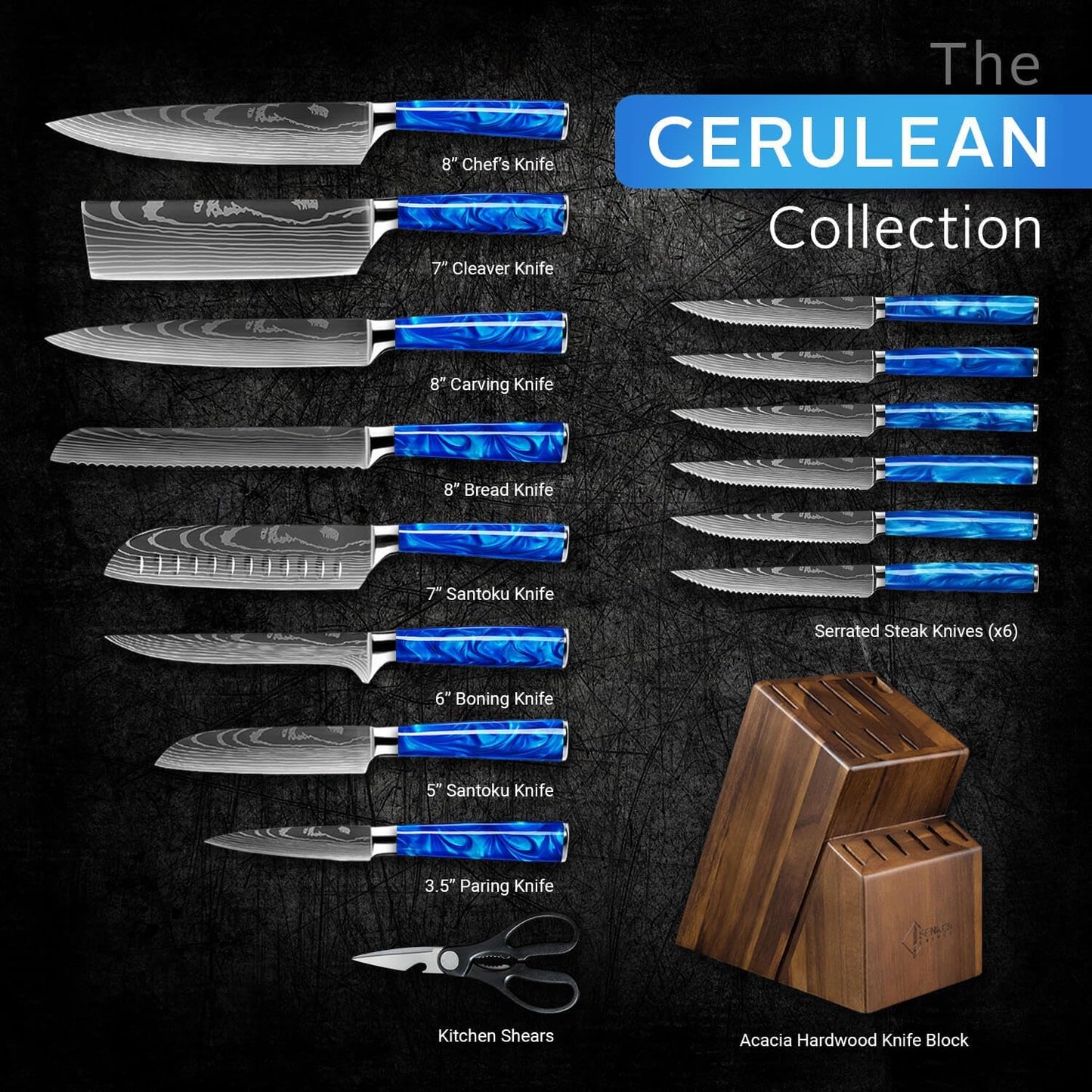 SENKEN 16-Piece Kitchen Knife Block Set - Japanese Chef's Knife Set with Laser Damascus Pattern, Includes 6 Steak Knives and Smoothly-Finished Acacia Hardwood Knife Block (Blue Resin Handles)