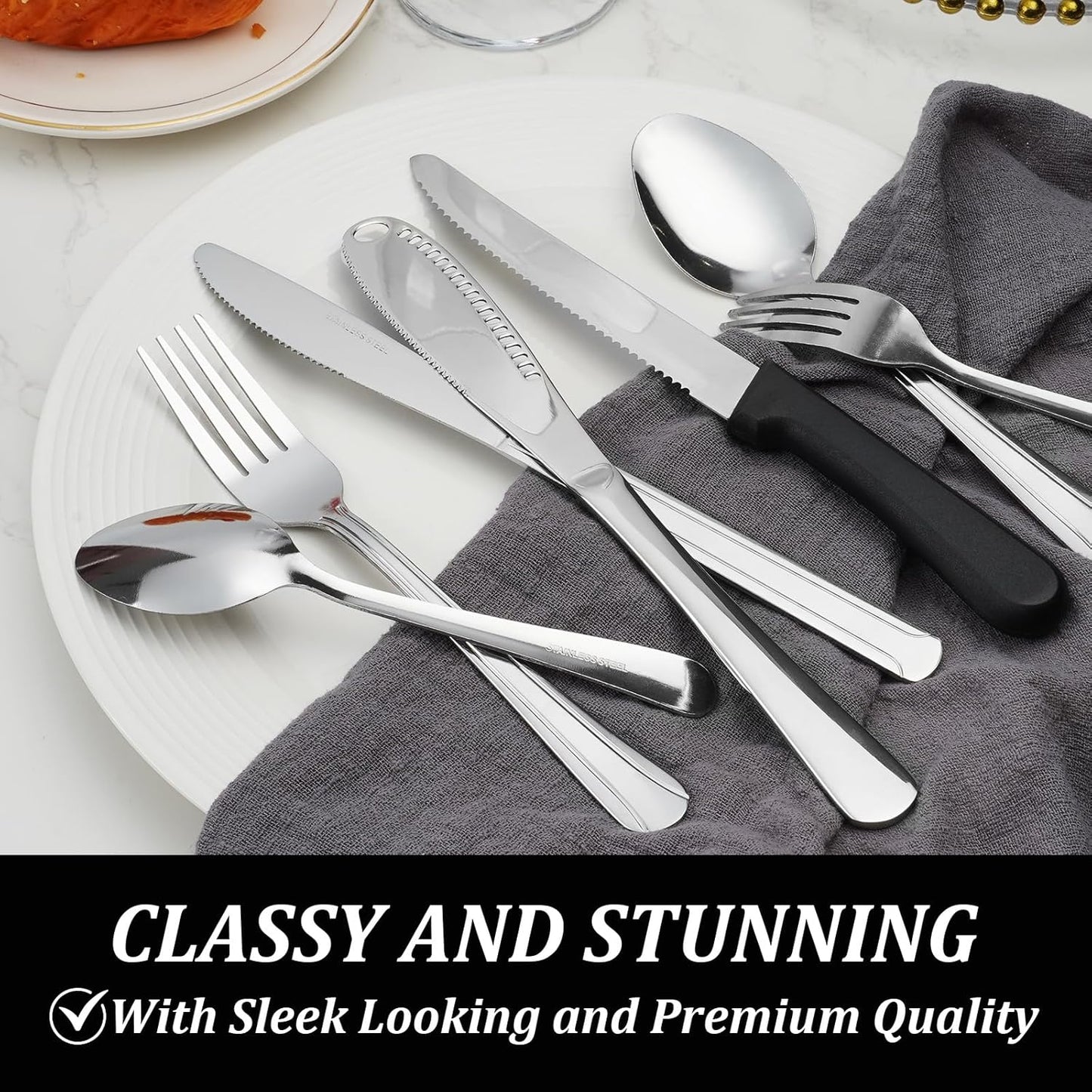 Silverware Set with Butter Knife - Dominion 50 PCS 18/0 Stainless Steel Flatware Utensils Cutlery Set Including Steak Knife Fork and Spoon for Home, Restaurant, Party, Dishwasher Safe