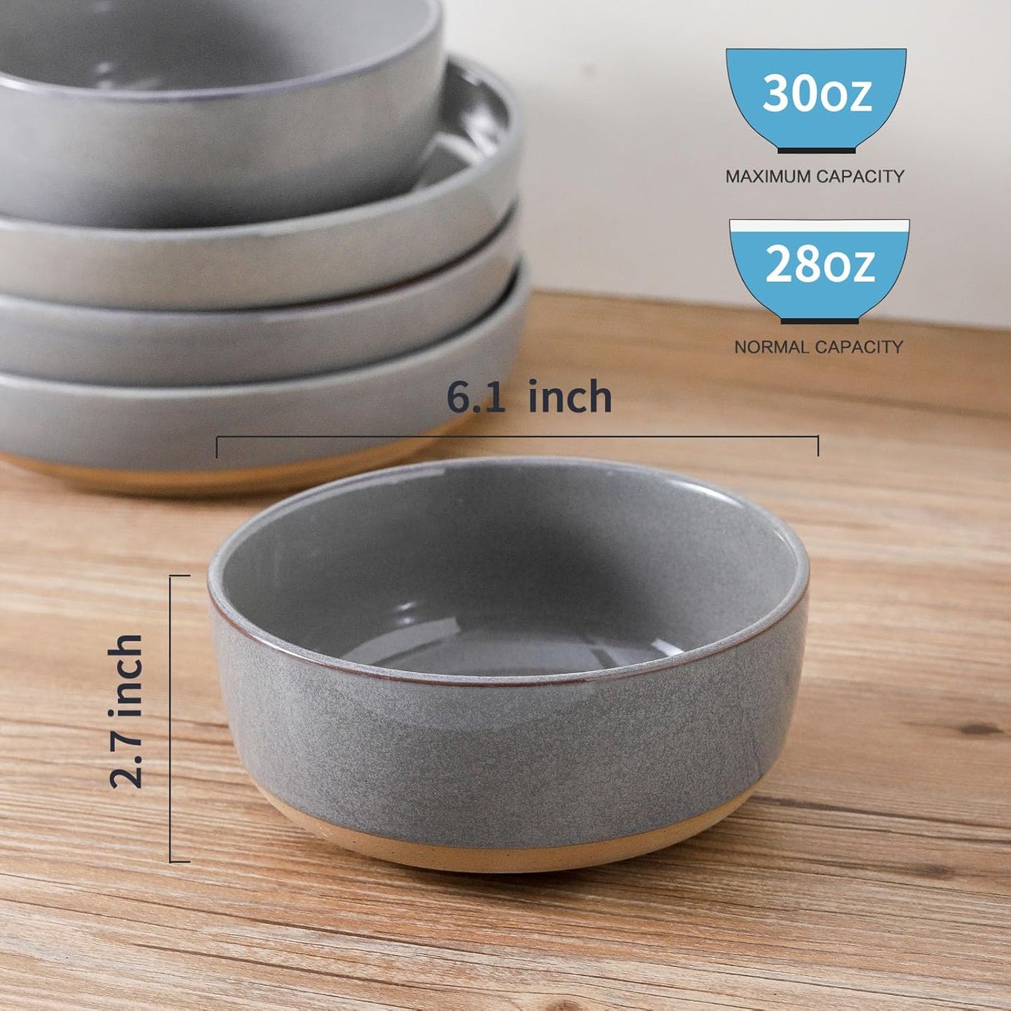 Ceramic Soup Bowls Set of 6,30 Ounce Stoneware Cereal Bowl,Porcelain Nesting Bowls for Oatmeal,Popcorn,Soup,Pasta,Fruit,Housewarming Gift,Microwave & Dishwasher Safe,Gray