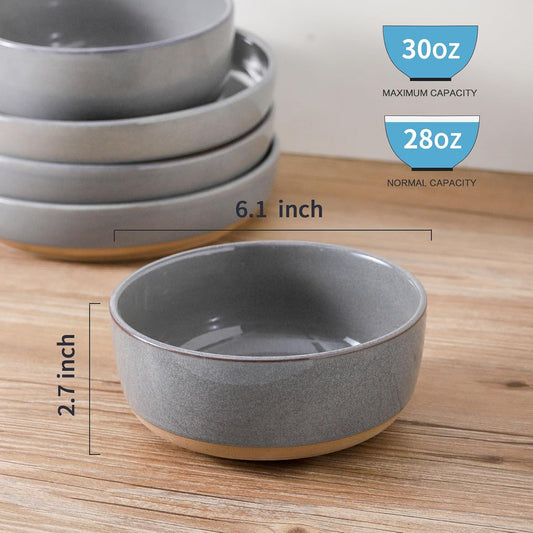 Ceramic Soup Bowls Set of 6,30 Ounce Stoneware Cereal Bowl,Porcelain Nesting Bowls for Oatmeal,Popcorn,Soup,Pasta,Fruit,Housewarming Gift,Microwave & Dishwasher Safe,Gray