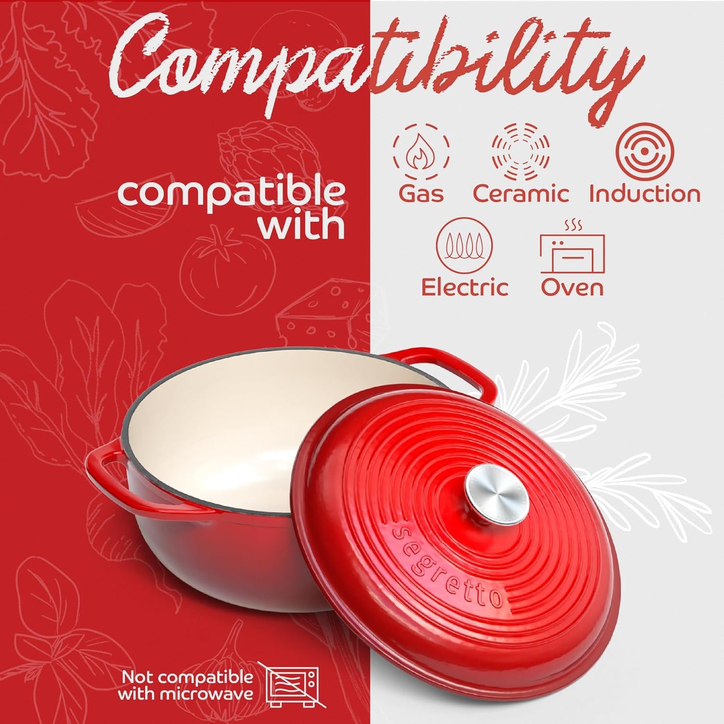 Segretto Cookware Enameled Cast Iron Dutch Oven with Handle, 6 Quarts, Rosso (Gradient Red) Cast Iron Dutch Oven with Lid | Enameled Crock Pot Dutch Ovens comes with Silicone Pot Holders
