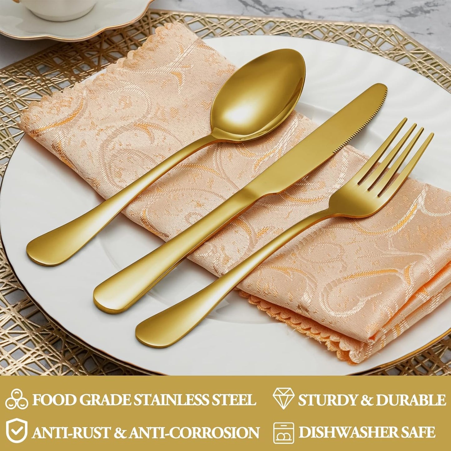 40 Pcs Gold Silverware Set Service for 8, Premium Stainless Steel Flatware Set, Cutlery Utensil Set, Durable Home Kitchen Eating Tableware Set, Include Fork Knife Spoon Set, Dishwasher Safe
