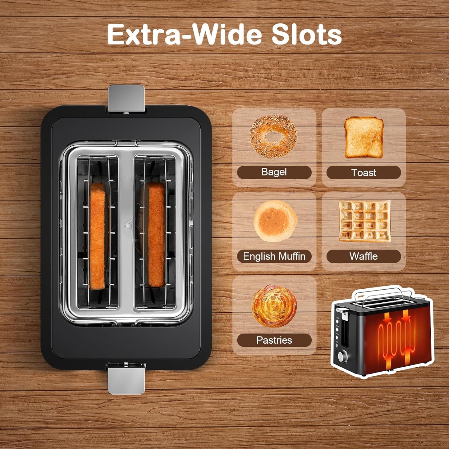 Mecity Toaster 2 Slice Stainless Steel Body, Timer, Bagel, Defrost, Reheat, Cancel Functions, Warming Rack, Removable Tray, 6 Browning Settings, Extra Wide Slots, Bread Toaster, 120V 800W Black