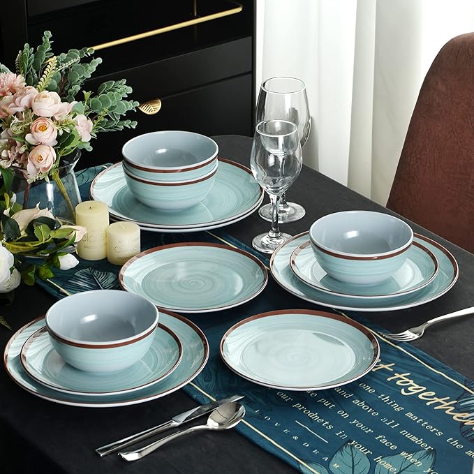 Melamine Dinnerware Set for 4, 12Pcs Dinnerware Sets, Mint Blue Plates And Bowls Sets Morden Dish Set Dishwasher Safe BPA Free(Green)