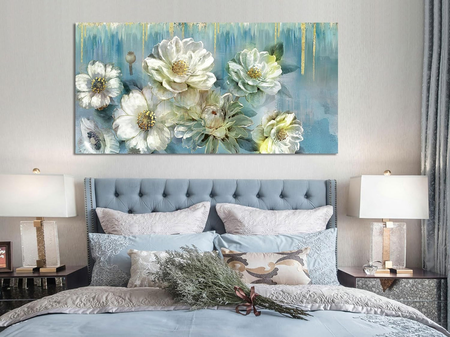Ardemy Floral Canvas Wall Art Extra Large Magnolia White Flowers Pictures Wall Decor Teal Textured Paintings Modern Turquoise Artwork for Living Room Bedroom Dinning Room Home Office, 58"x29"