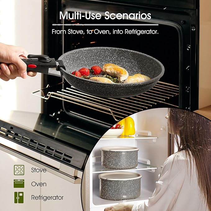 ROSSETTO 7pcs Pots and Pans Set Non Stick from France, Ceramic Cookware Set with Removable Handle, Induction RV Kitchen Cookware Set, Stackable, PFOA and PFAS Free, Oven Safe, Black Granite