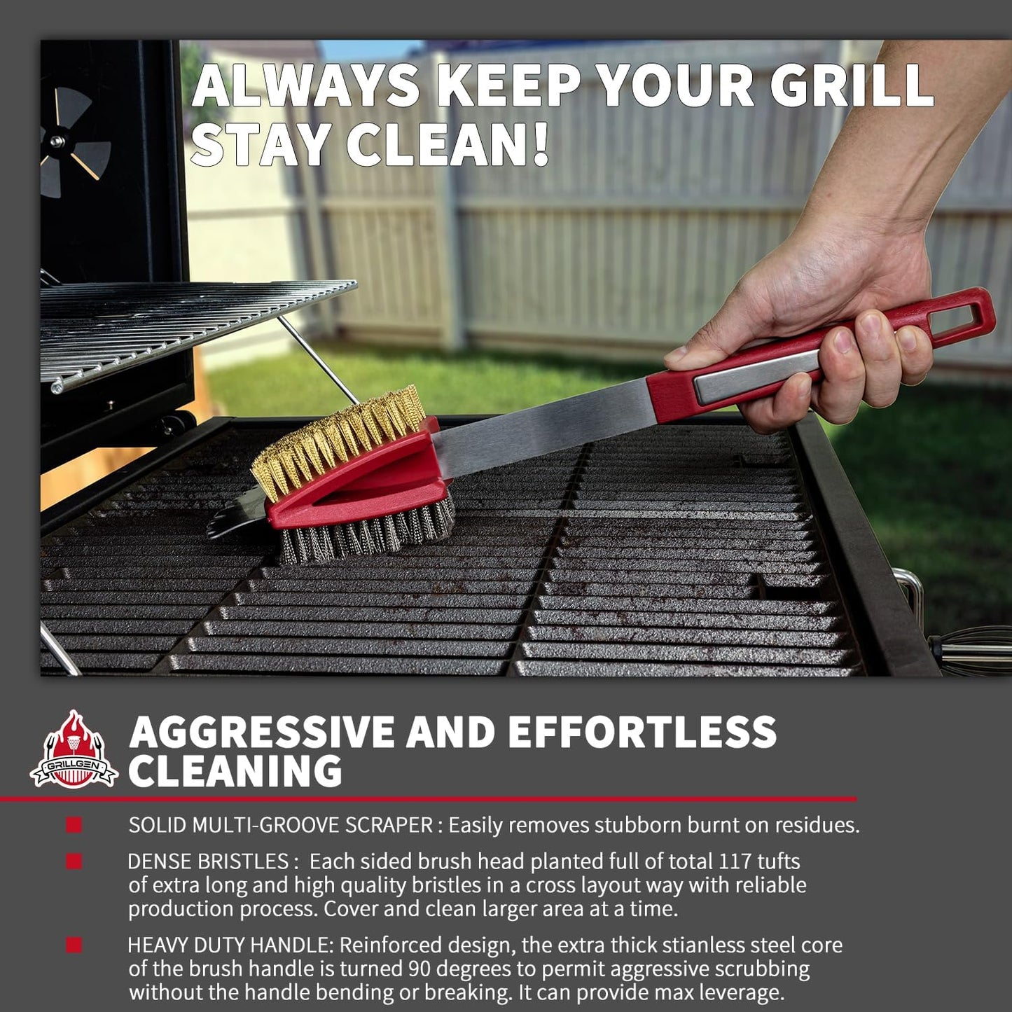 GRILLGEN Grill Brush and Scraper- Heavy Duty Grill Brush with Steel and Brass Bristles BBQ Cleaner for Outdoor Grills,BBQ Accessories for Porcelain, Cast Iron, Stainless Steel Grates
