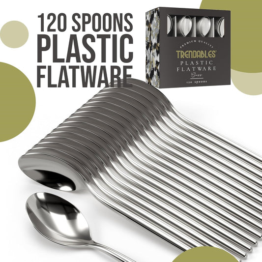 Trendables Disposable Silver Plastic Cutlery - 120 Pack Silverware Set With Spoons and Utensils