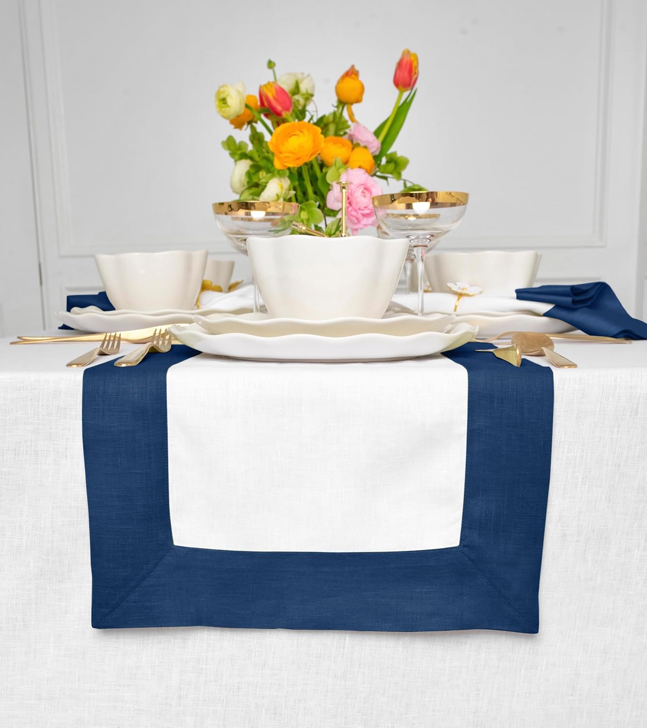 Solino Home Linen Table Runner 120 Inches Long - Indigo Blue and White 100% Pure Linen 14 x 120 Inch Table Runner for Dining, Fall, Autumn, Thanksgiving - Contempo