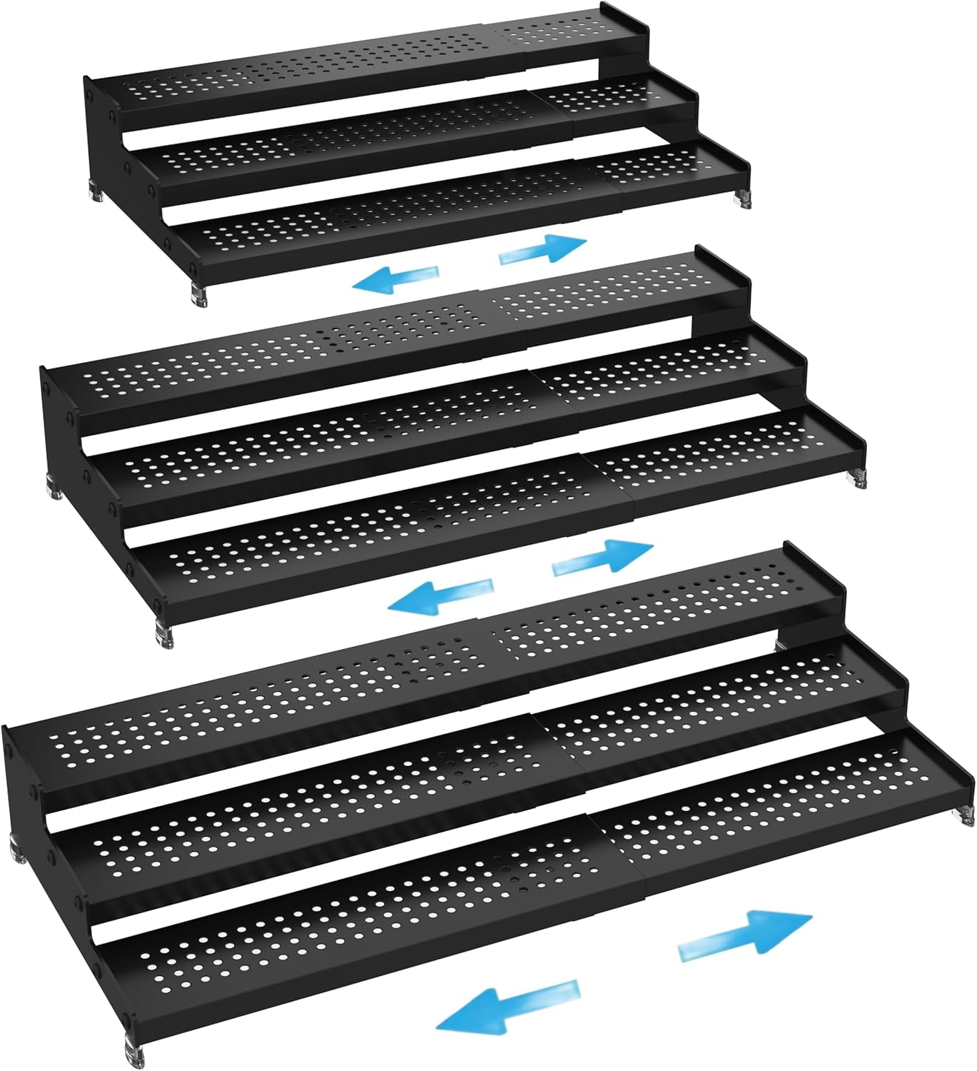 Expandable Spice Rack organizer with 3-Tier step shelf,Modern Design heavy duty,Non Skid and Visibility ,Great for Kitchen Cabinet,Bathroom,dressing table,Cupboard, Pantry and more(3PACKS/BLACK)