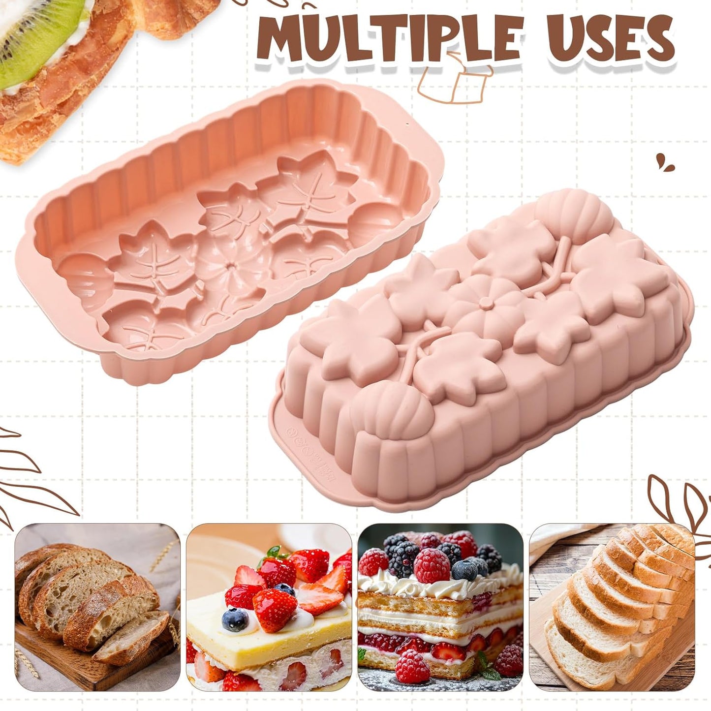 Vesici 3 Pcs Silicone Loaf Pan Pumpkin and Maple Leaf Patterns for Fall Harvest Thanksgiving Holiday 6 Cups Bread Baking Mold Non Stick Oven Microwave Safe, Nordic Gray Blue Pink Colors