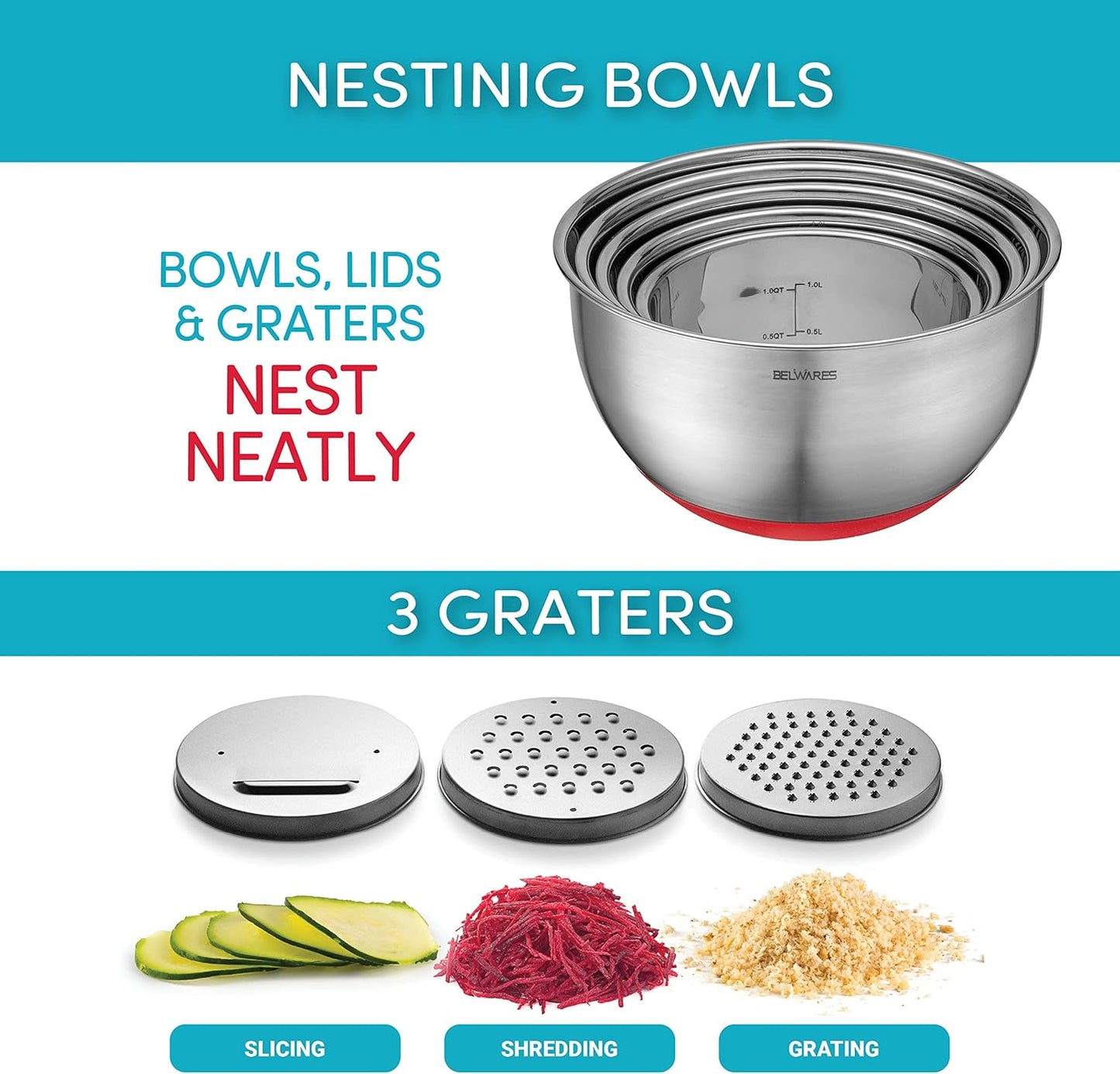 Belwares Mixing Bowls with Lids Set - Nesting Bowls with Airtight Lids + Graters - Stainless Steel Non-Slip Mixing Bowl for Baking, Food Storage and Prepping (Red, 5-Piece Set)