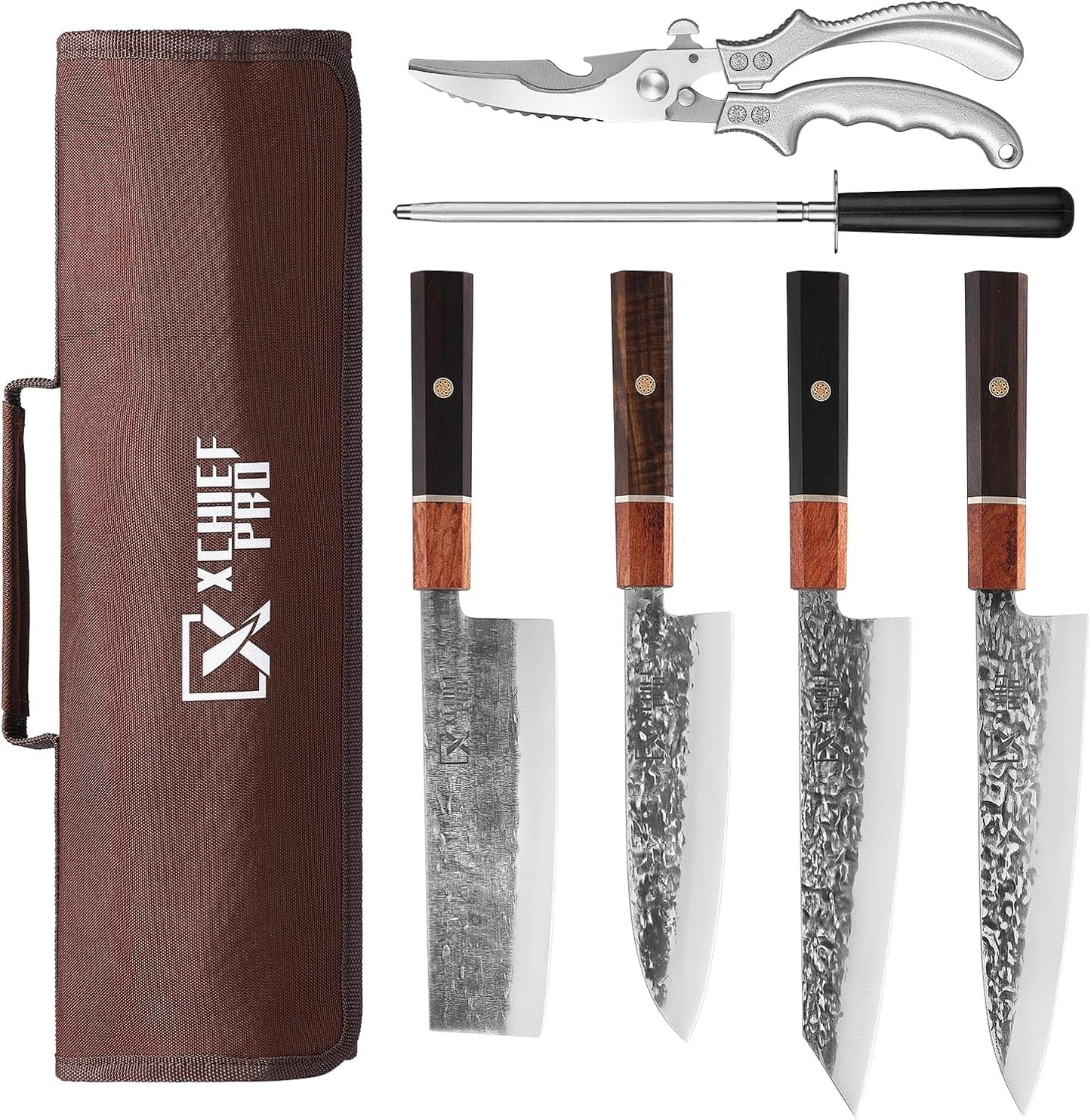 Japan Knife Set, High Carbon Steel Japan Nakiri Santoku Knife Set, Hand Forged Meat Cleaver Butcher Knife with Accessories for Kitchen, Camping BBQ Knives Set with Bag