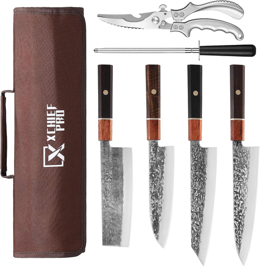 Japan Knife Set, High Carbon Steel Japan Nakiri Santoku Knife Set, Hand Forged Meat Cleaver Butcher Knife with Accessories for Kitchen, Camping BBQ Knives Set with Bag