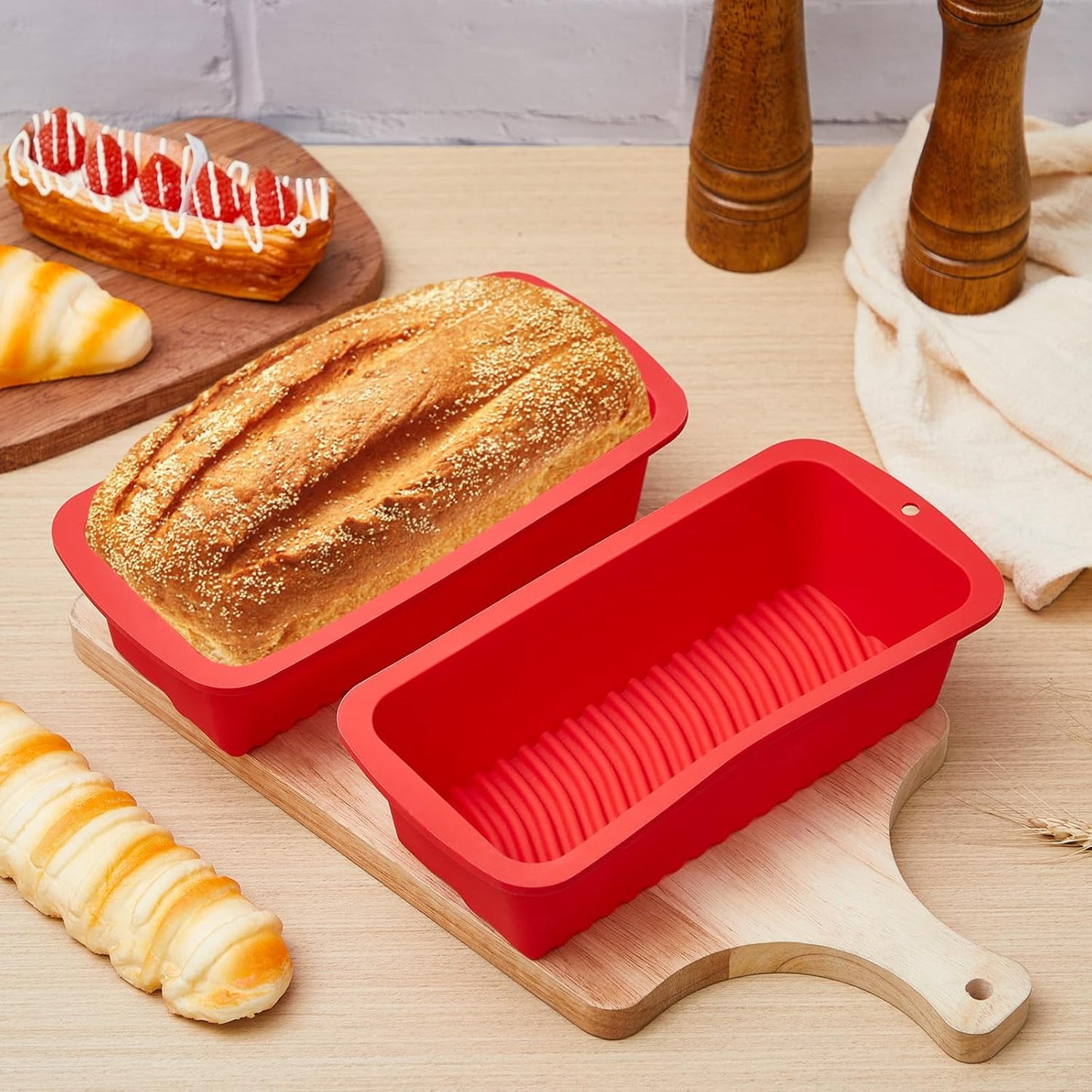 4 Pcs Silicone Bread Loaf Pan 9 x 5 Inch Rectangle Silicone Baking Molds Non Stick Mini Cake Pan, Homemade Loaf, Bread and Meatloaf, Red