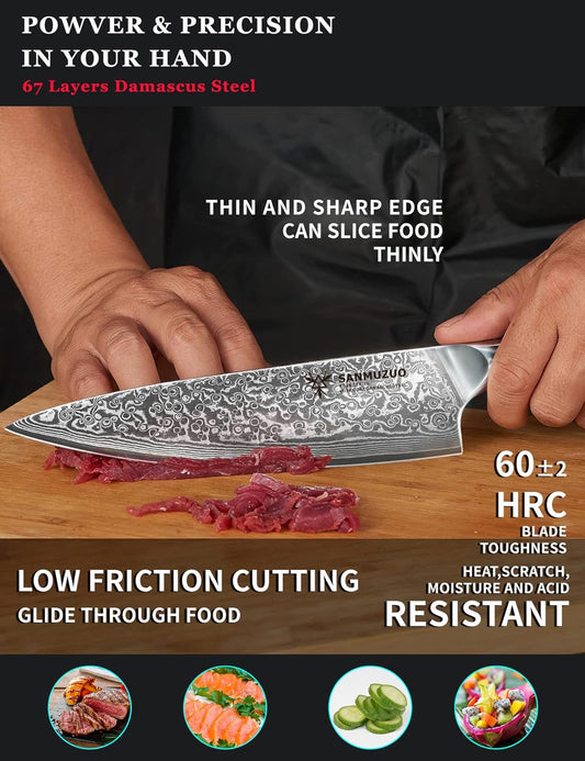 Chef Knife - 8 inch - Xuan Series - VG10 Damascus Steel Kitchen Knife - Resin Handle (Sunset Red)