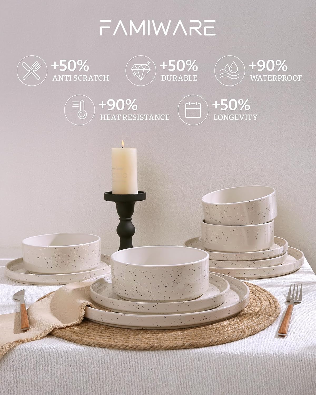 Famiware Nebula Plates and Bowls Sets, 12 Pieces Dinnerware Sets, Dishes Set for 4, Creamy White with Colorful Speckles