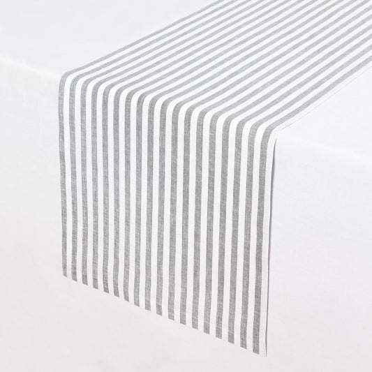 Solino Home Table Runner 108 Inches Long - Amalfi Stripe, 100% Pure Linen Grey and White Table Runner 14 x 108 Inch for Dining, Fall, Autumn