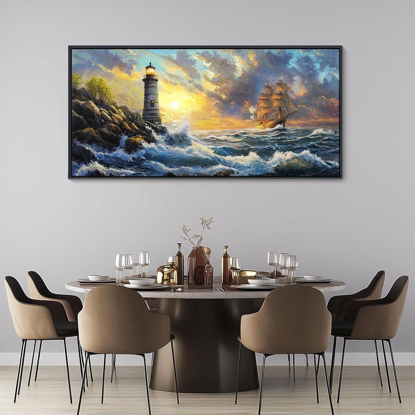 CHATYOUNG Large Wall Art Living Room, Ocean Sunrise Big Waves Wall Pictures Beach Sailboat Lighthouse Landscape Canvas Framed Paintings for Bedroom Kitchen Office Home Artwork Decor 24x48 IN