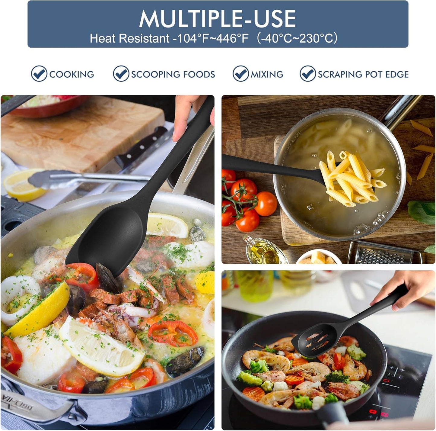 HOTEC Heat Resistant Silicone Cooking Spoon Spatula, Large Kitchen Solid and Slotted Spoons for Mixing, Serving, Scraping, Non-stick, Dishwasher Safe Black 12.5inch