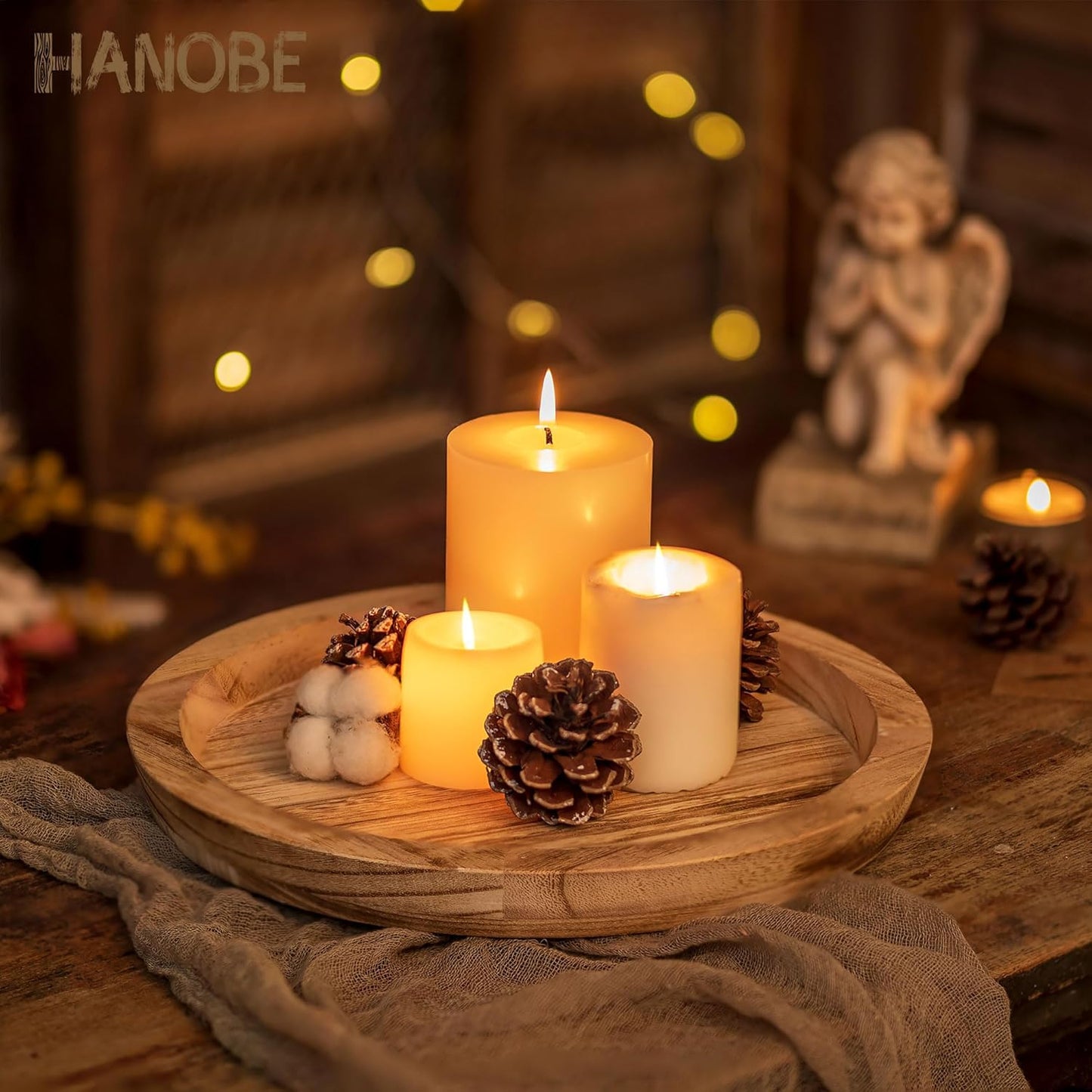 Hanobe Rustic Wooden Serving Tray: Round Wood Decorative Tray Set of 2 Rustic Centerpiece Candle Holder Trays Farmhouse Ottoman Tray for Decor Kitchen Counter Home Decor for Coffee Table