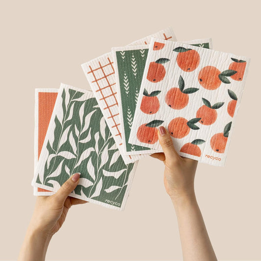 RECYCO Swedish Dishcloths for Kitchen | 5 Pack Peachy Leaves Washable Dish Rags | Cellulose Reusable Cleaning Paper Towels | Absorbent Counter Dish Cloth Sponge Kitchen Wipes, 8" L x 7" W