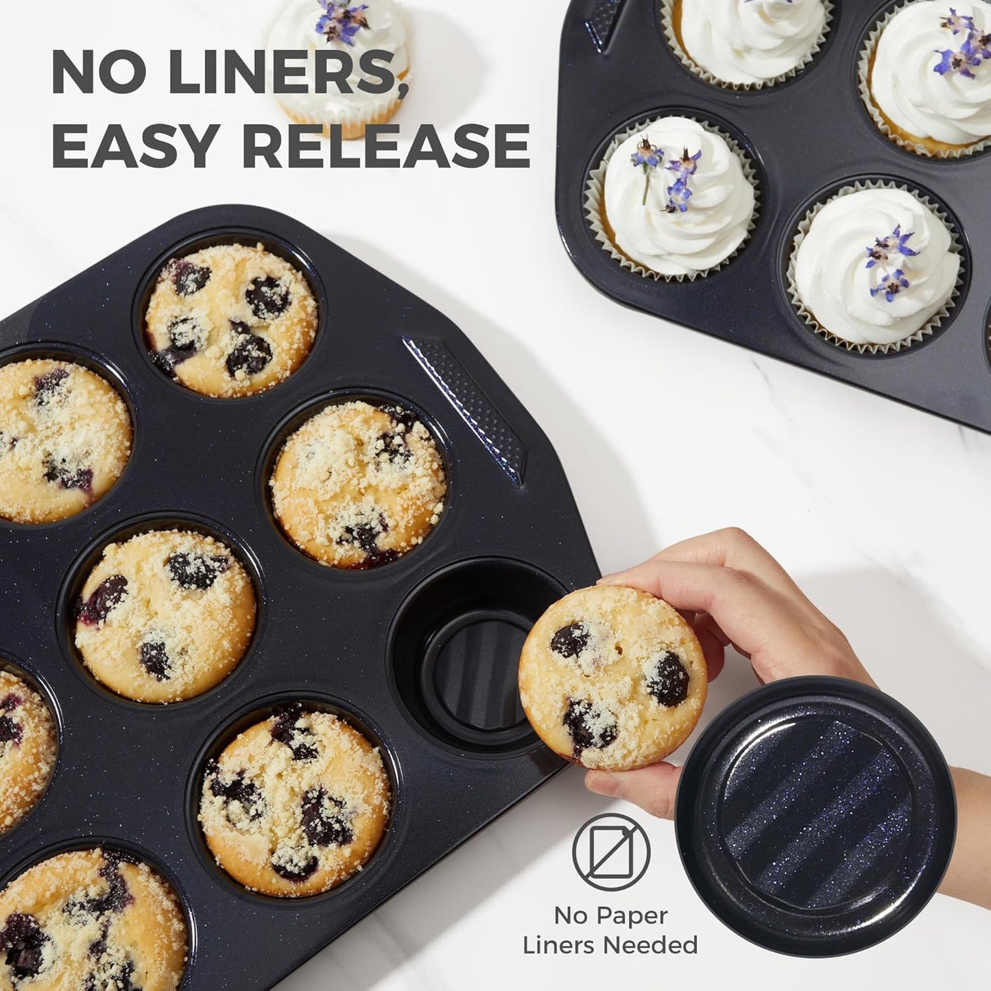 HONGBAKE 9-Piece Baking Pans Set with Wave Texture, 0.8mm Thick Bakeware Sets Non Stick, Includes Stackable Cookie Sheets for Oven Cooking, Cake Pan, Muffin Pan, Loaf Pan, Roasting Pan, Rack, Blue