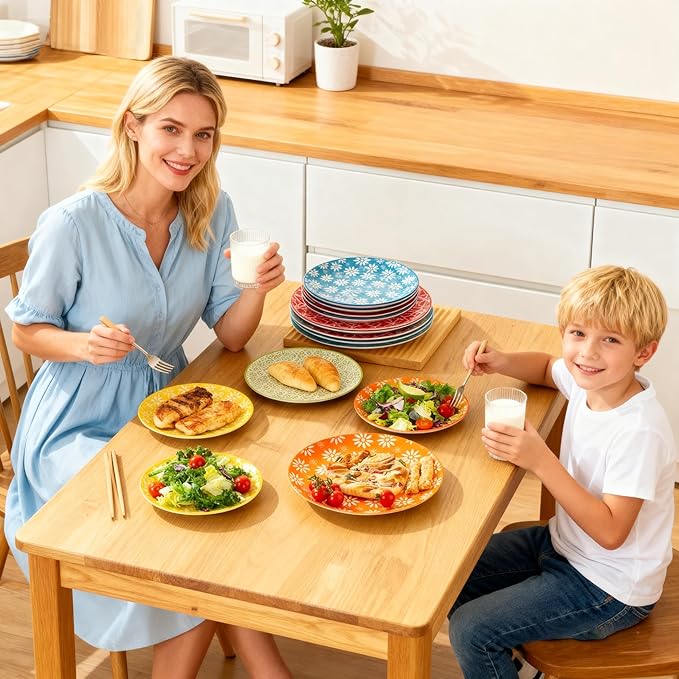 AntoKueh Porcelain Dinner Plates Set of 6, 8 Inch Ceramic Plates - Vintage Colorful Design for Salad, Pasta, Steak - Scratch, Chip Resistant, Dishwasher & Microwave Safe