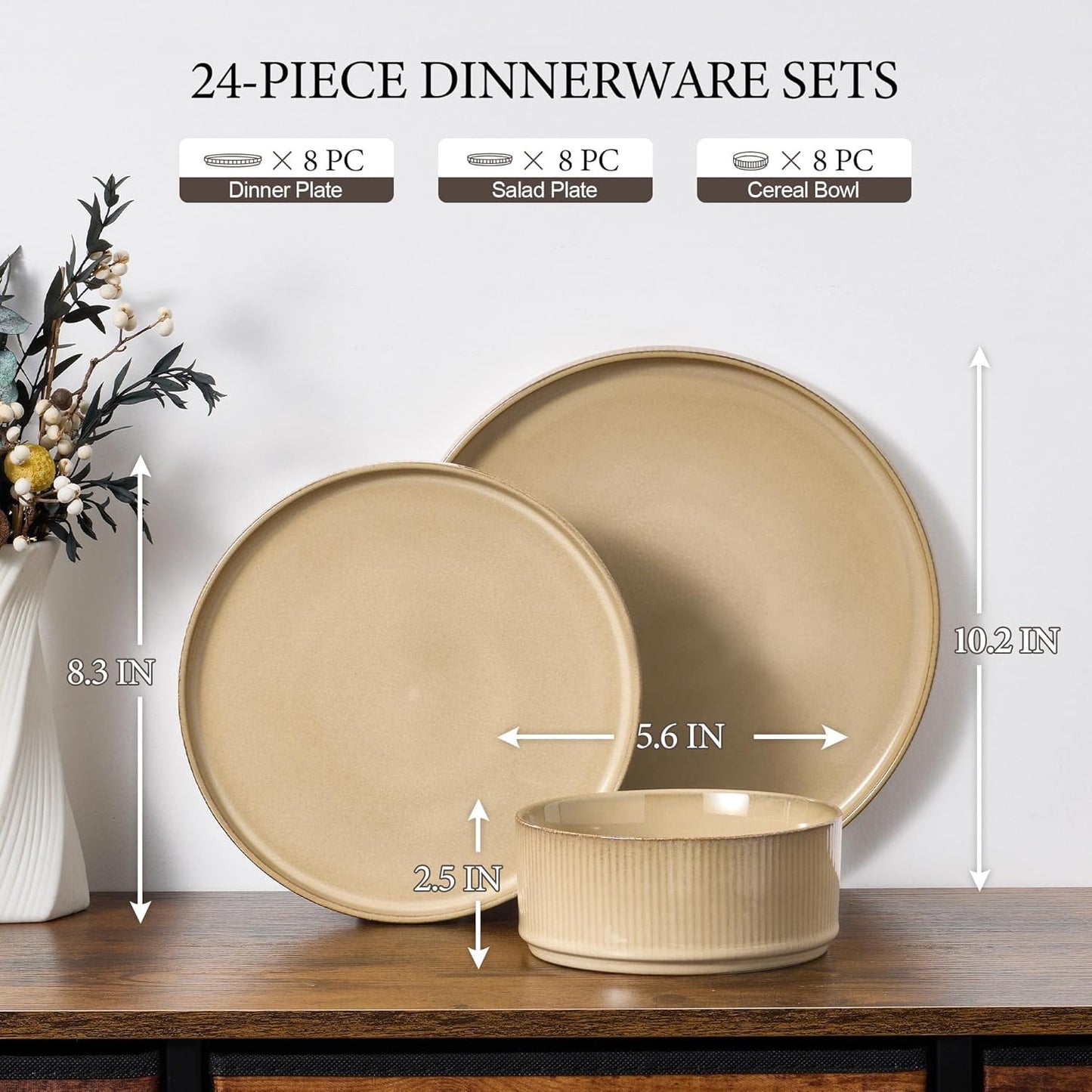 E-far 24-Piece Stoneware Dinnerware Sets, Plates and Bowls Sets for 8, Kitchen Modern Dinning Porcelain Dishes Set, Chip & Scratch Resistant, Dishwasher & Microwave Safe, Caramel Khaki