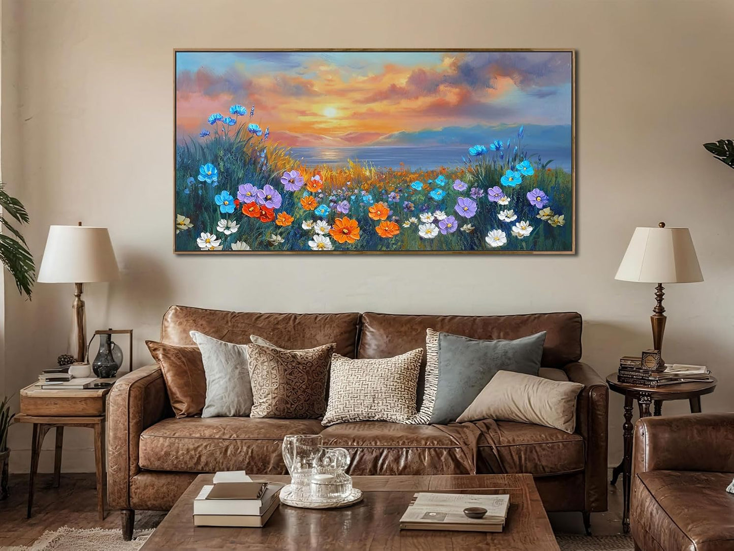 Ardemy Wildflower Wall Art for Living Room Large Framed Floral Canvas Pictures Bedroom Wall Decor Sunset Paintings Flower Textured Artwork for Walls Dining Room Home Office 40"x20"