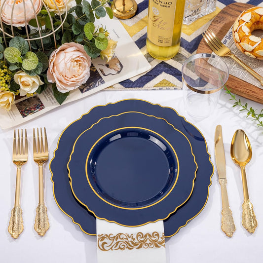 KIRE 210Pcs Navy Blue Plastic Plates - Blue Plates Disposable - 30guest Baroque Plastic Dinnerware for Upscale Wedding/Parties