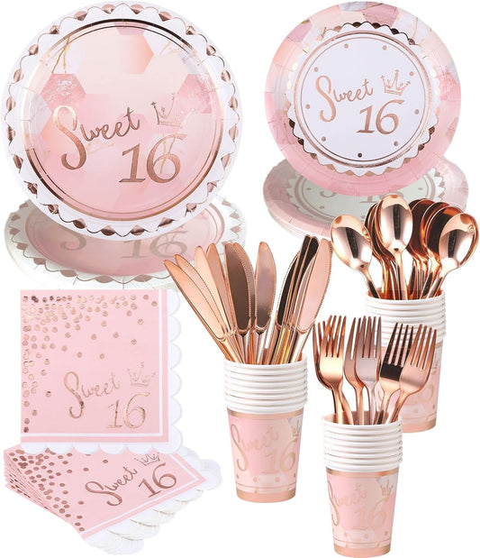 Rose Gold Sweet 16 Birthday Decorations for Girls - Serves 16 - Includes Sweet 16th Plates and Napkins Party Supplies Cups Cutlery for Sweet Sixteen Party