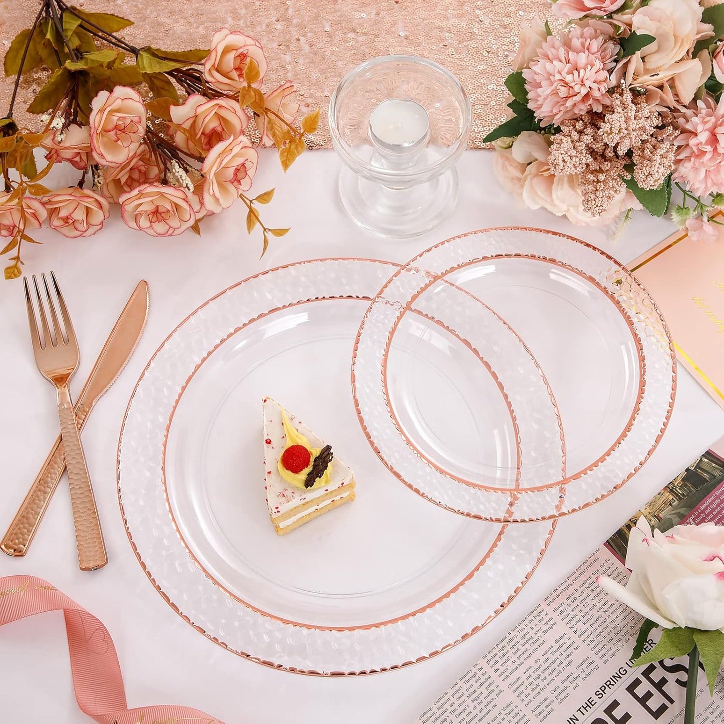 Liacere 350PCS Rose Gold Plastic Plates-Clear Rose Disposable Plates 50 Guests include 50 Dinner Plates,50 Salad Plates,50 Forks,50 Knives,50 Spoons,50 Cups,50 Napkins for Wedding&Party&Mother's Day