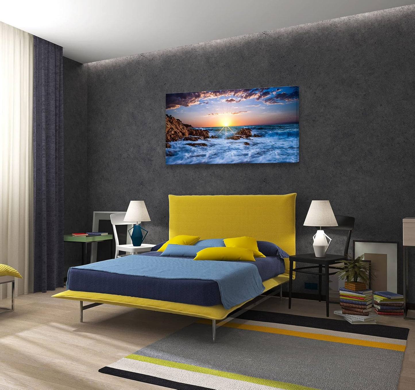 Muolunna BK05862 Wall Art Decor Canvas Print Picture Sunset Blue Ocean 1 Panel Sea Waves Scenery Painting Artwork for Office Wall Decor Home Decoration Stretched and Framed Ready to Hang 24x48inch