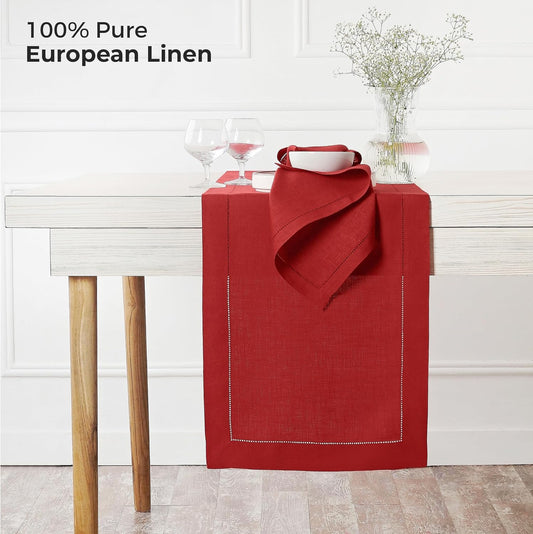 D'Moksha Homes Linen Bright Red Table Runner 48 Inches - Classic Hemstitch, 100% Pure Linen Coffee Table Runner 14 x 48 Inch Ideal for Dresser Tables - Fall, Autumn and Halloween