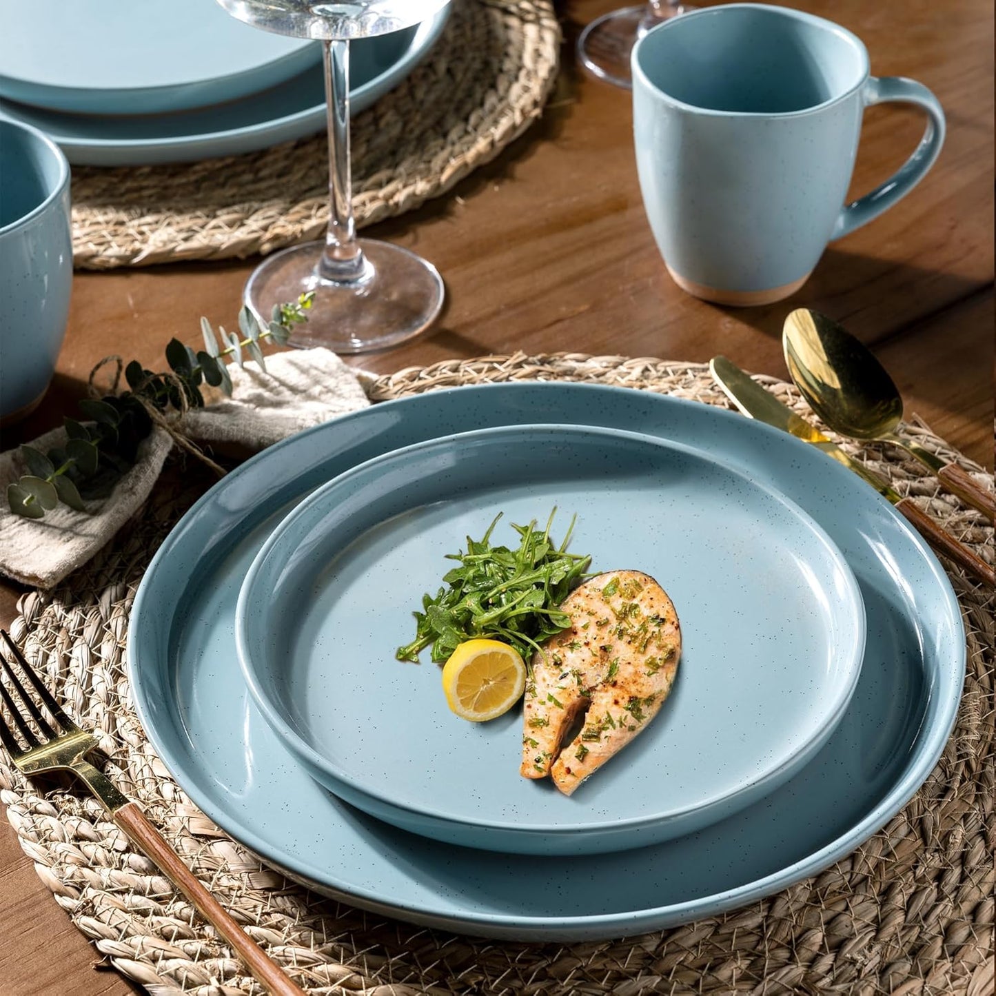 AmorArc Ceramic Dinnerware Sets for 8, 24 Pieces Handpainted Plates and Bowls Set with Rustic Terracotta Underside, Scratch Resistant Stoneware Dishes Set, Dishwasher & Microwave Safe, Stone Blue