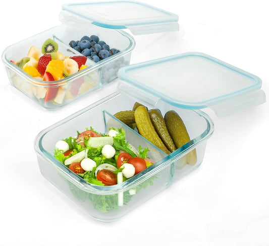 Moss & Stone 4-Pack Divided Kitchen Glass Food Storage Containers Set with Lids – Reusable 2-Compartment Glass Meal Prep Containers for Kitchen, Lunch or Fridge, Airtight Snap-Lock – 2 Sizes Included