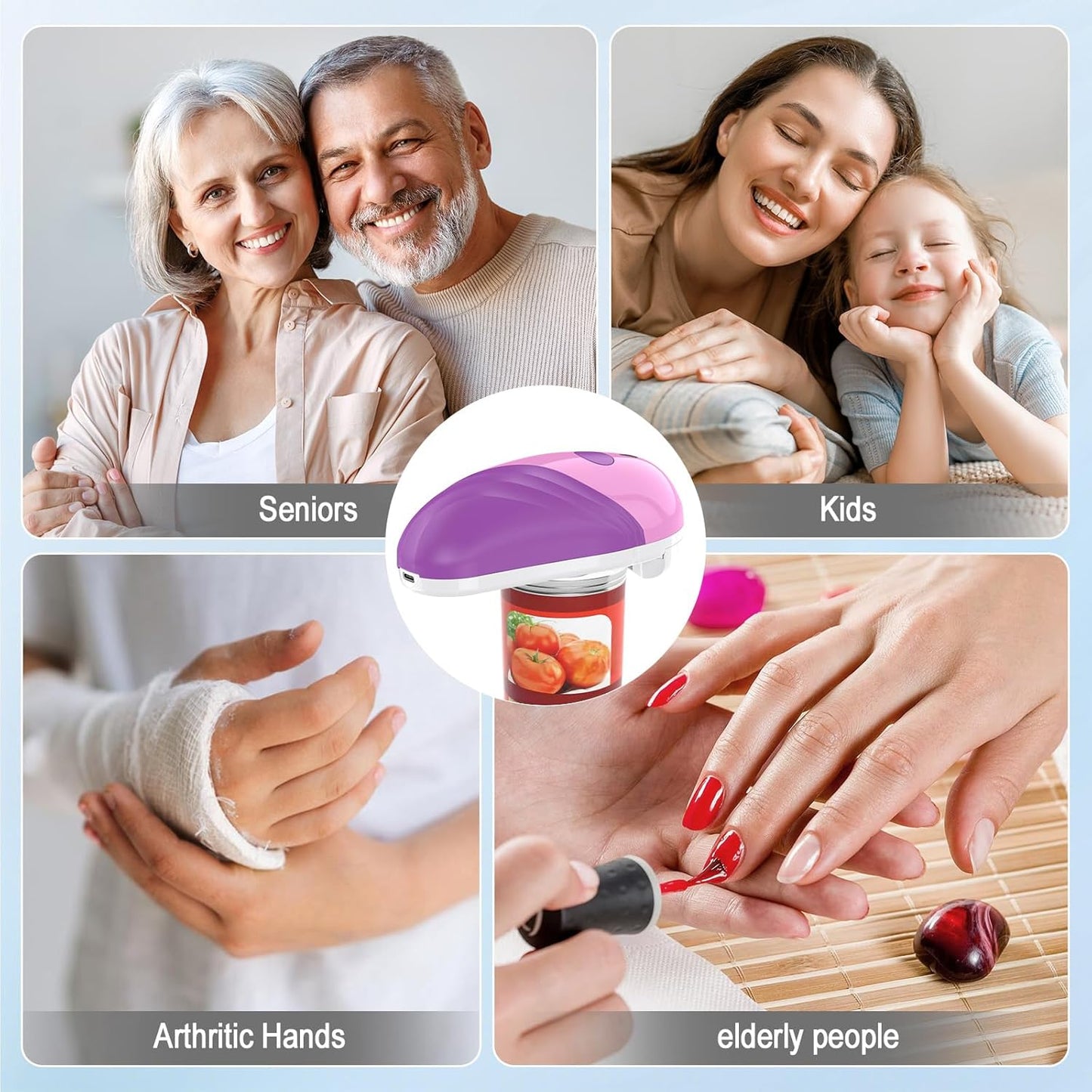 HuiJuKeJi Electric Can Opener, Rechargeable Automatic Can Opener for Seniors with Arthritis, One-Touch Hands-Free Can Opener for Almost Can Sizes, Smooth Edge & Food-Safe Kitchen Gadgets-Purple