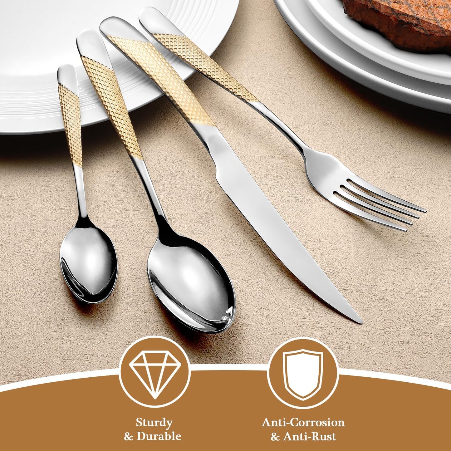 24 Piece Gold Hammered Silverware Set for 6, Premium Food-grade Stainless Steel Flatware Set, Luxury Design & Mirror Polished Cutlery Set, Eating Utensil Set with Fork Knife Spoon, Dishwasher Safe