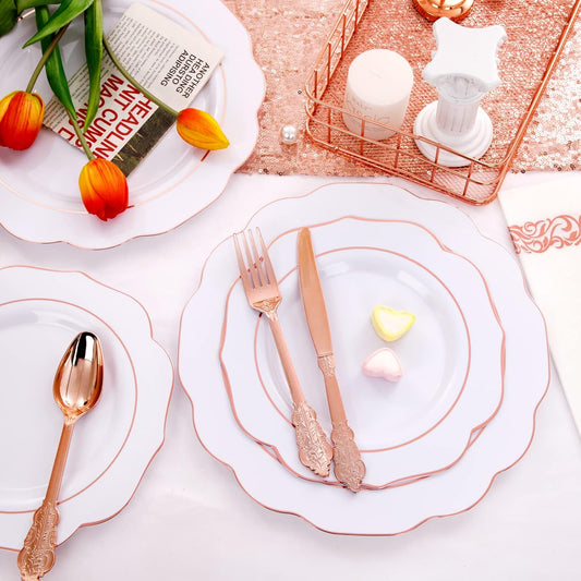 NOCCUR 175PCS Rose Gold Plastic Plates with Disposable Silverware - Include 25Dinner Plates, 25Dessert Plates, 25Forks, 25Knives, 25Spoons, 25Cups, 25Napkins for Wedding&Party